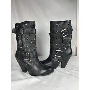 Y2K Sam Edelman western healed  Boots Studded Moto Biker Size 7.5 Black Leather
